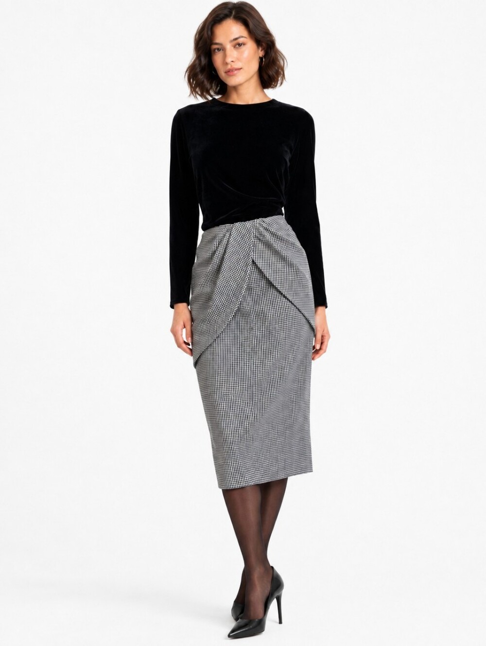 Vintage Akris Black Velvet Houndstooth Draped Dress Made in Switzerland